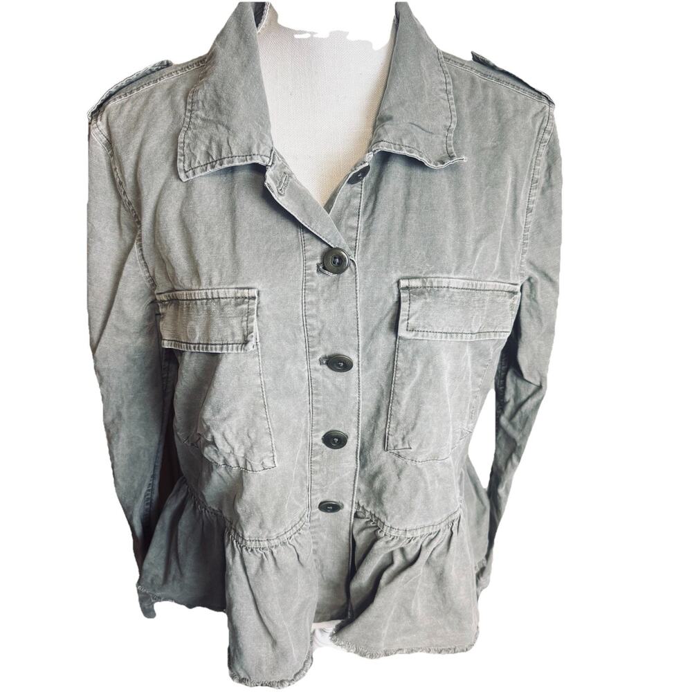 Lucky Brand Jacket Womens S Green Utility Military Linen Blend Peplum Safari